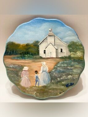 Vintage Hand Painted Wood Wall Plaque Victorian Family Rural Scene Folk Art 2000